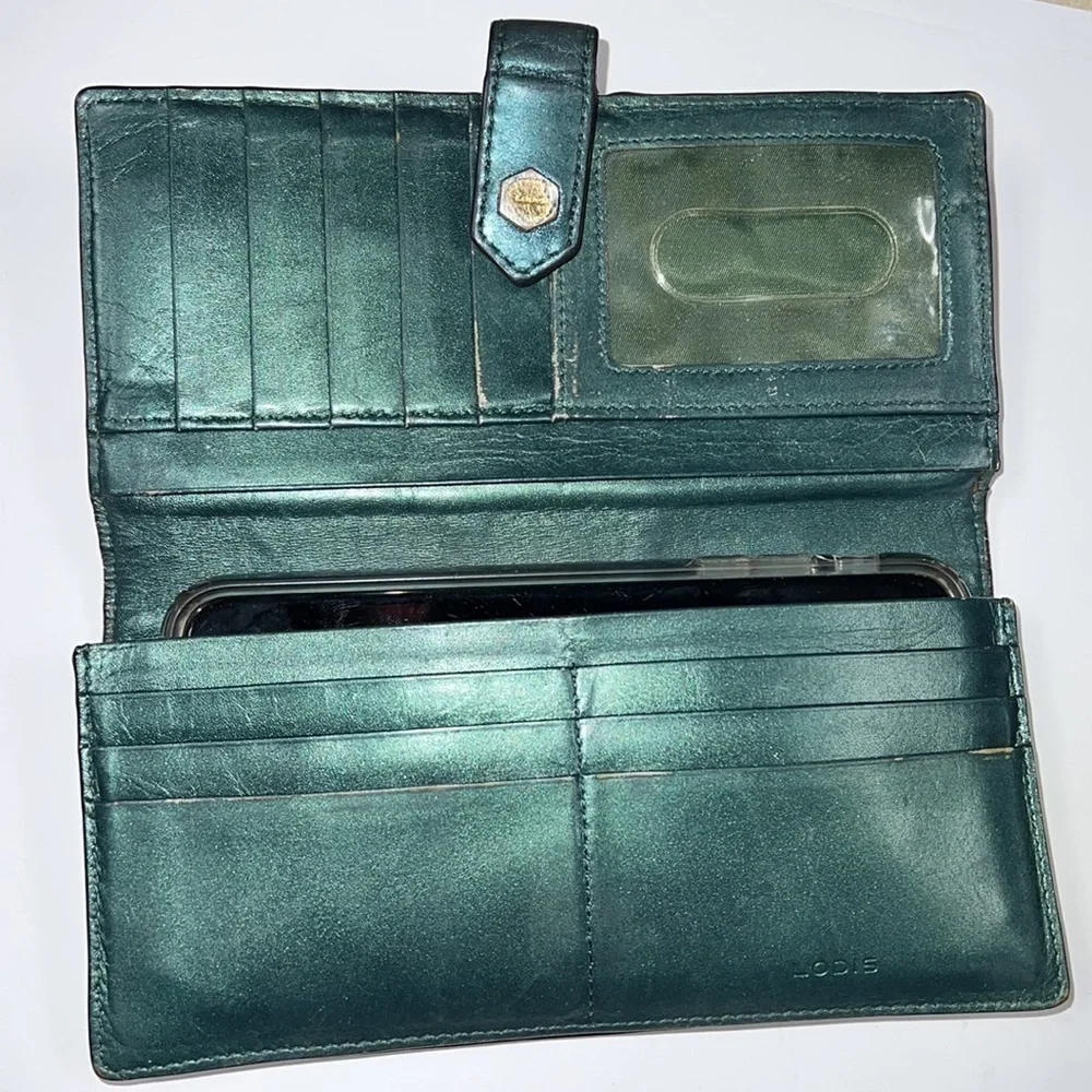 Lodis Green Metallic Leather Snap Clutch Wallet